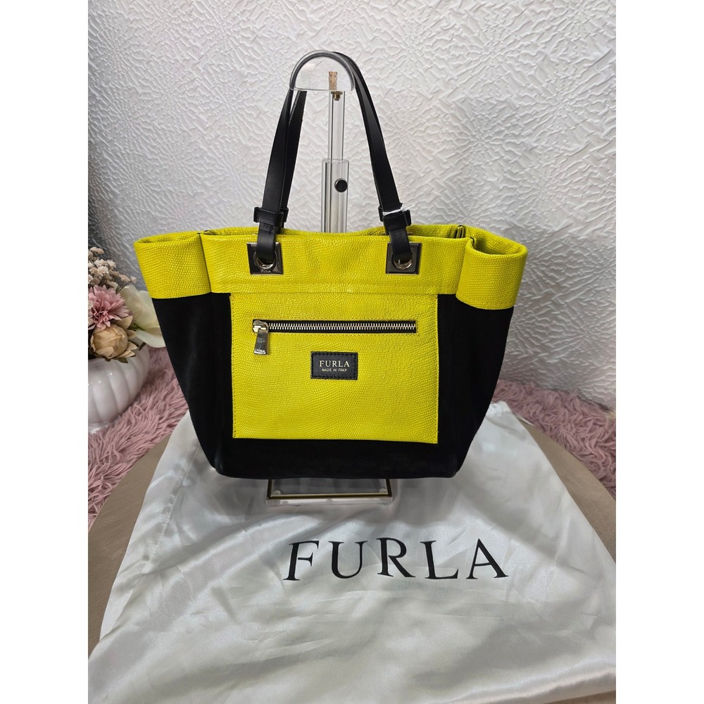 Furla Suede Lizard EmbossedLe ather Tote Bag Black/Neon Yellow Chartreuse Italy